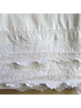 Vintage King Flat Sheet With Embroidered Scalloped Hem - White Cotton Bedding